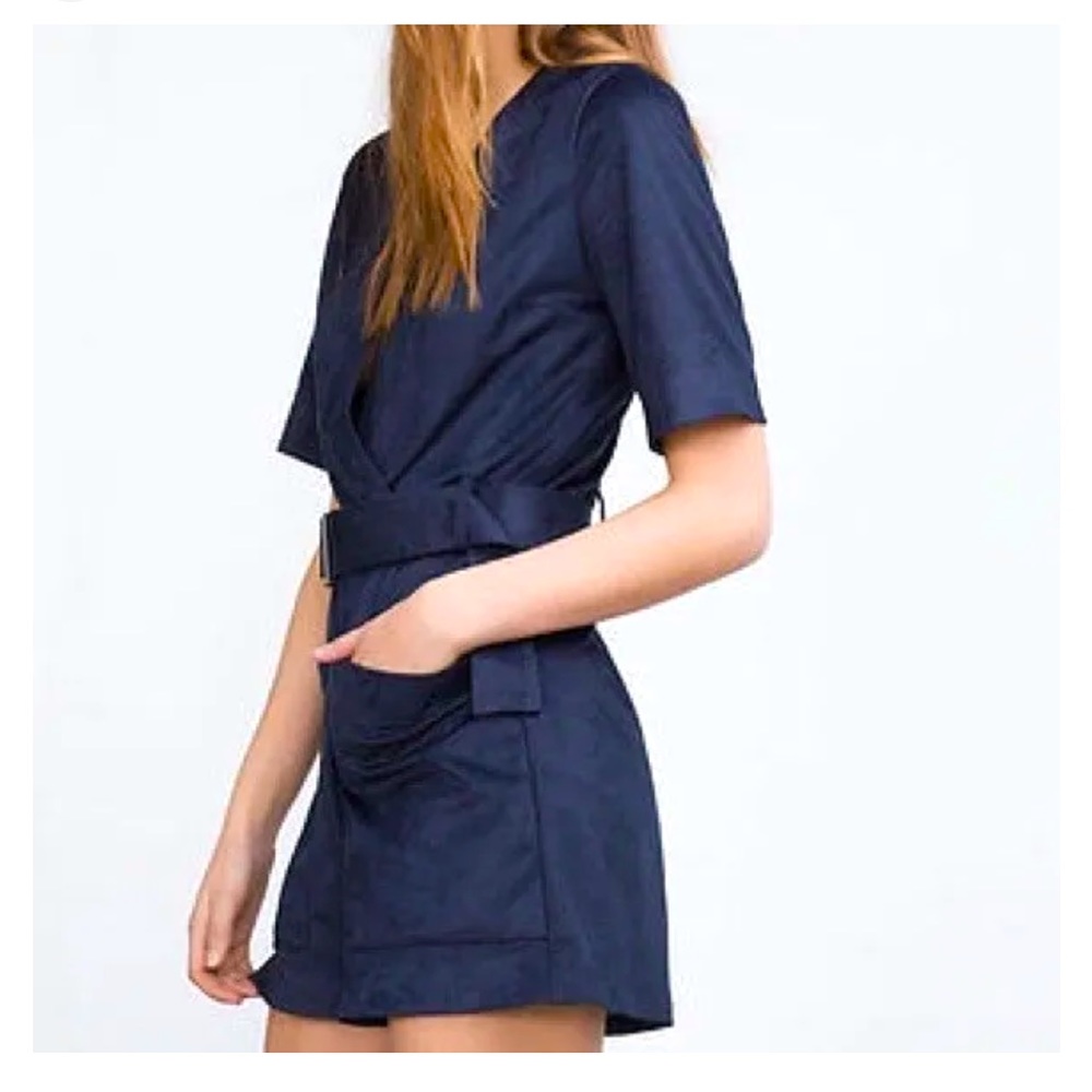 ZARA Trafaluc Navy Blue Faux Suede Belted Romper Size XS